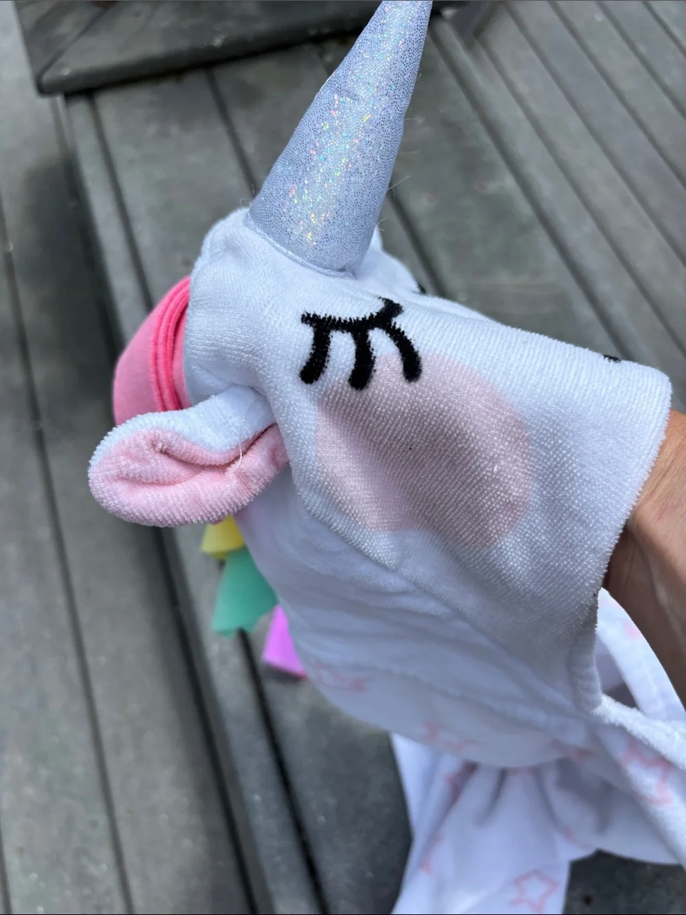 Kids White & Pink Star Hooded Bath Towel with Sparkle Unicorn, Shower, 4’ x 2’